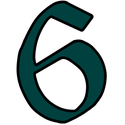 a gothic-style teal-coloured arabic numeral 6.